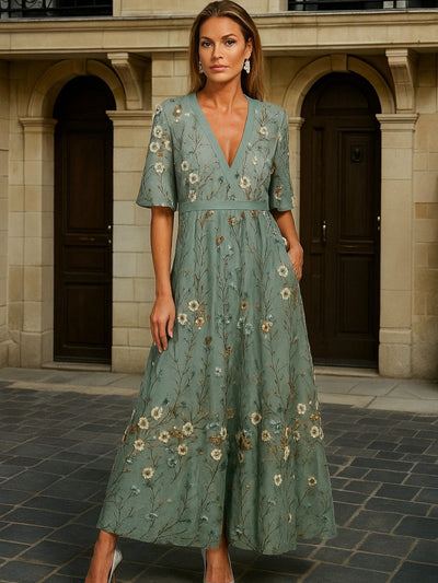 Hazel | Elegant V-Neck Belted Boho Dress